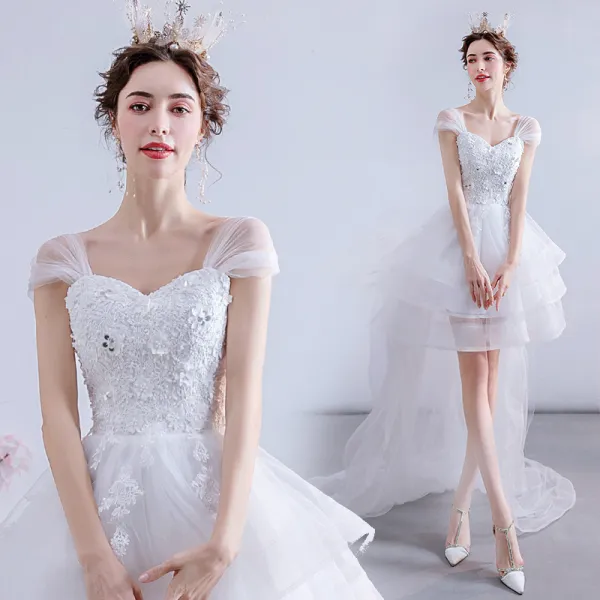 Charming High Low White Asymmetrical Wedding Dresses 2020 A-Line / Princess Square Neckline Beading Pearl Sequins Lace Flower Sleeveless Backless Sweep Train