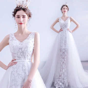Charmant Ivoire Robe De Mariée 2020 Princesse V Cou Perle Paillettes En Dentelle Fleur Sans Manches Dos Nu Tribunal Train