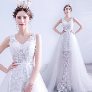 Charmant Ivoire Robe De Mariée 2020 Princesse V Cou Perle Paillettes En Dentelle Fleur Sans Manches Dos Nu Tribunal Train