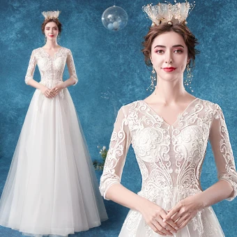 Abordable Illusion Ivoire Robe De Mariée 2020 Princesse V Cou En Dentelle Fleur 1 2 Manches Longue