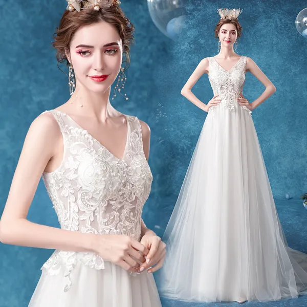Elegant Ivory Wedding Dresses 2020 A-Line / Princess V-Neck Lace Flower Sleeveless Backless Sweep Train
