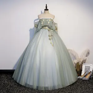 Chic Belle Vert Cendré Robe De Bal 2021 Robe Boule De L 039 Épaule Faux Diamant En Dentelle Fleur Manches Courtes Dos Nu Longue Robe De Ceremonie