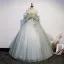 Chic / Beautiful Sage Green Prom Dresses 2021 Ball Gown Off-The-Shoulder Rhinestone Lace Flower Short Sleeve Backless Floor-Length / Long Formal Dresses