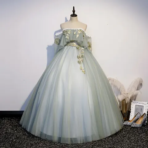 Hermoso Verde Salvia Vestidos de gala 2021 Ball Gown Fuera Del Hombro Rhinestone Con Encaje Flor Manga Corta Sin Espalda Largos Vestidos Formales