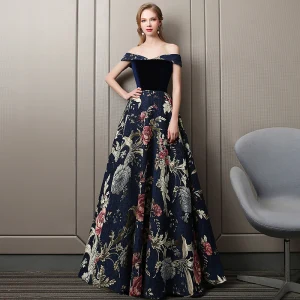 Coloré Bleu Marine Robe De Soirée 2018 Princesse Daim Impression De L Épaule Sans Manches Dos Nu Longue Robe De Ceremonie