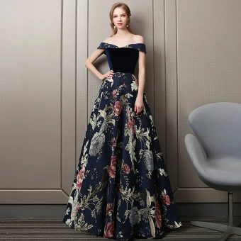 Farbig Marineblau Abendkleider 2018 A Linie Wildleder Drucken Off Shoulder Ärmellos Rückenfreies Lange Festliche Kleider