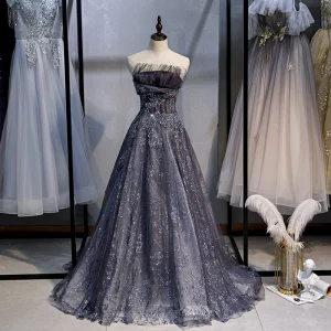 Sparkly Charming Navy Blue Prom Dresses 2020 A Line Princess Strapless Beading Sequins Lace Flower Sleeveless Backless Sweep Train Formal Dresses