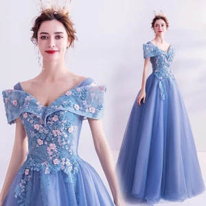 Flower Fairy Pool Blue Prom Dresses 2020 A Line Princess V Neck Pearl Lace Flower Short Sleeve Backless Floor Length Long Formal Dresses