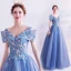 Flower Fairy Pool Blue Prom Dresses 2020 A-Line / Princess V-Neck Pearl Lace Flower Short Sleeve Backless Floor-Length / Long Formal Dresses