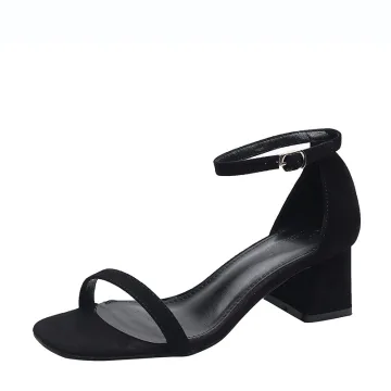 Chic Belle Noire Désinvolte Daim Sandales Femme 2020 Bride Cheville 5 Cm Talons Épais Peep Toes Bout Ouvert Sandales