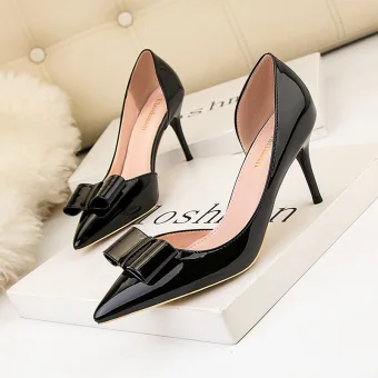 Mooie Prachtige Zwarte Afspraak Strik Damesschoenen 2020 Lakleer 7 Cm Hakken Spitse Neus Naaldhakken Stiletto