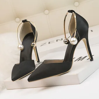 Fashion Black Evening Party Satin Womens Sandals 2020 Pearl 10 Cm Stiletto Heels Pointed Toe Sandals