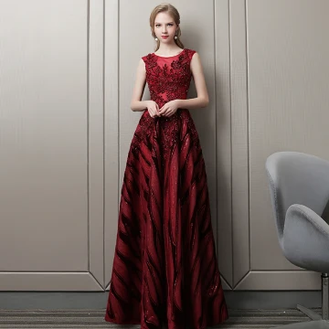 Chic Beautiful Burgundy Evening Dresses 2018 A Line Princess Lace Flower Beading Crystal Scoop Neck Backless Sleeveless Floor Length Long Formal Dresses