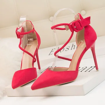 Chic Beautiful Fuchsia Cocktail Party Suede Womens Sandals 2020 Ankle Strap 10 Cm Stiletto Heels Pointed Toe Sandals