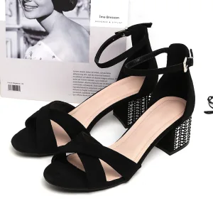 Chic Belle Noire Vêtement De Rue Daim Sandales Femme 2020 Bride Cheville 5 Cm Talons Épais Peep Toes Bout Ouvert Sandales