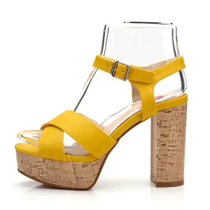 Mode Jaune Vêtement De Rue Sandales Femme 2020 Bride Cheville 10 Cm Talons Épais Peep Toes Bout Ouvert Sandales