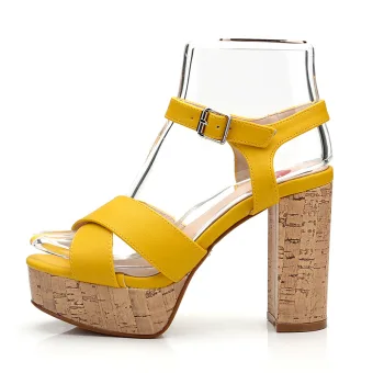 Mode Jaune Vêtement De Rue Sandales Femme 2020 Bride Cheville 10 Cm Talons Épais Peep Toes Bout Ouvert Sandales