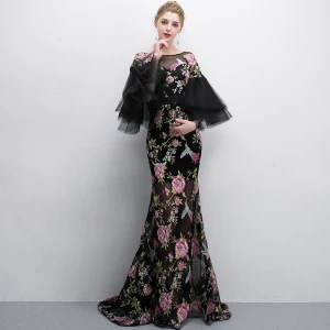 Chic Belle Noire Robe De Soirée 2018 Trompette Sirène Impression Encolure Dégagée 3 4 Manches Longue Robe De Ceremonie