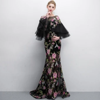 Chic Beautiful Black Evening Dresses 2018 Trumpet Mermaid Printing Scoop Neck 3 4 Sleeve Floor Length Long Formal Dresses