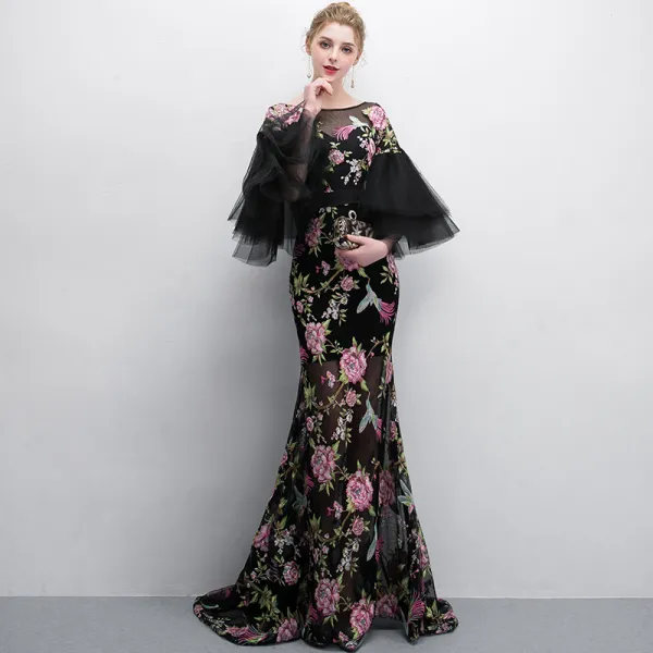 Chic / Beautiful Black Evening Dresses  2018 Trumpet / Mermaid Printing Scoop Neck 3/4 Sleeve Floor-Length / Long Formal Dresses