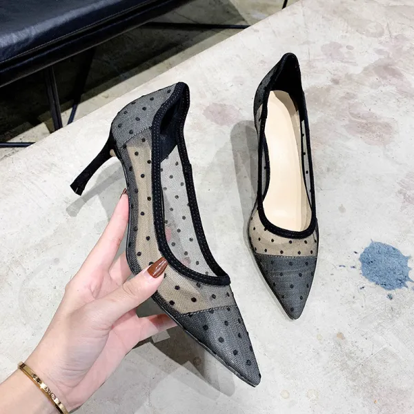Chic / Beautiful Black Dancing Spotted Pumps 2020 7 cm Stiletto Heels Pointed Toe Pumps