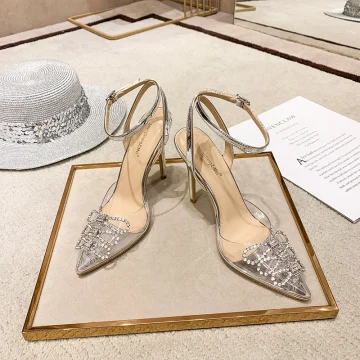 Sexig Transparent Silver Casual Sandaler Dam 2020 Rhinestone Ankelband 10 Cm Stilettklackar Spetsiga Sandaler