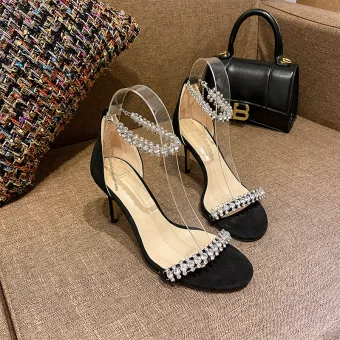 Charmant Noire Soirée Sandales Femme 2020 Faux Diamant Bride Cheville 10 Cm Talons Aiguilles Peep Toes Bout Ouvert Sandales