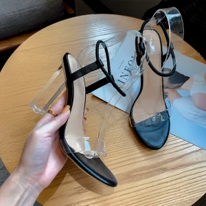 Sexy Black Street Wear Womens Sandals 2020 Ankle Strap 9 Cm Thick Heels Open Peep Toe Sandals