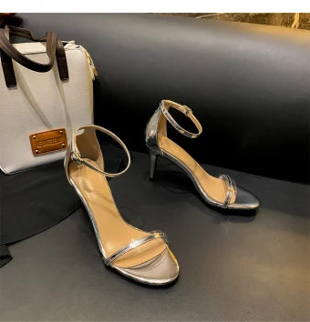 Sexy Argenté Cocktail Sandales Femme 2020 Bride Cheville 8 Cm Talons Aiguilles Peep Toes Bout Ouvert Sandales
