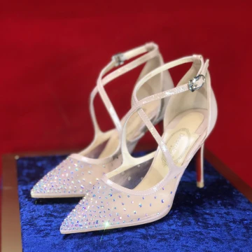 Charming Nude Evening Party Rhinestone Womens Sandals 2020 X Strap 8 Cm Stiletto Heels Pointed Toe Sandals