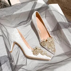 Chic Beautiful Ivory Pearl Rhinestone Wedding Shoes 2021 7 Cm Stiletto Heels Pointed Toe Wedding Pumps High Heels