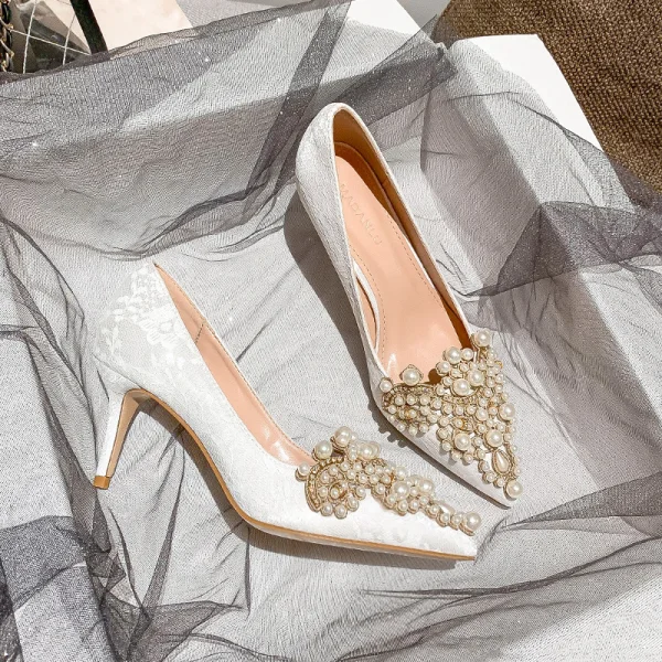 Chic / Belle Ivoire Perle Faux Diamant Chaussure De Mariée 2021 7 cm Talons Aiguilles À Bout Pointu Mariage Escarpins Talons Hauts