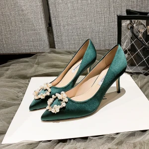 Mode Dunkelgrün Satin Perle Strass Pumps 2021 7 Cm Stilettos Spitzschuh Ball Pumps Hochhackige