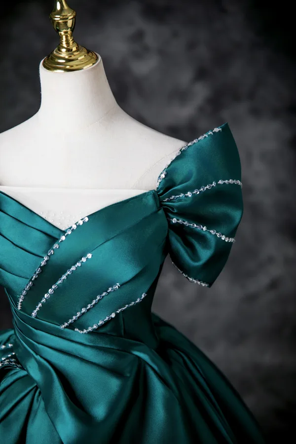 Demure Dark Green Beading Sequins Prom Dresses 2025 Ball Gown Off-The-Shoulder Satin Short Sleeve Backless Floor-Length / Long Prom Formal Dresses
