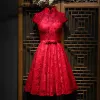 Piękne Czerwone Sukienki Wizytowe Sukienki Wieczorowe 2017 Z Koronki Kwiat Kokarda Krótkie Wysokiej Szyi Kótkie Rękawy Princessa