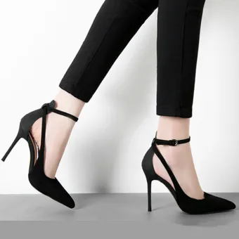 Mooie Prachtige Zwarte Feest Sandalen Dames 2020 Suede Enkelband 10 Cm Naaldhakken Stiletto Spitse Neus Sandalen
