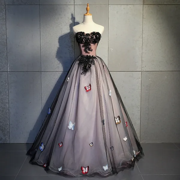 Elegant Black Prom Dresses 2018 Ball Gown Lace Flower Butterfly Beading Rhinestone Sweetheart Backless Sleeveless Floor-Length / Long Formal Dresses