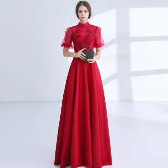 Chic Belle Bordeaux Robe De Soirée 2018 Princesse Perlage Cristal En Dentelle Fleur Col Haut Dos Nu Manches Courtes Longue Robe De Ceremonie