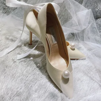 Élégant Blanche Perle Chaussure De Mariée 2020 Cuir 10 Cm Talons Aiguilles À Bout Pointu Mariage Escarpins