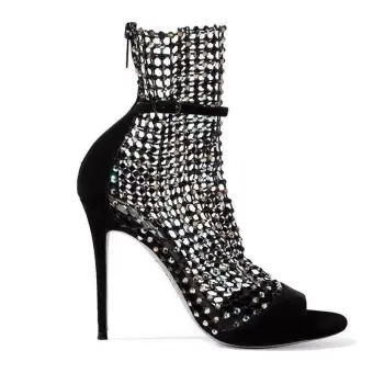 Charmant Noire Cocktail Faux Diamant Sandales Femme 2020 Cuir 10 Cm Talons Aiguilles Peep Toes Bout Ouvert Sandales