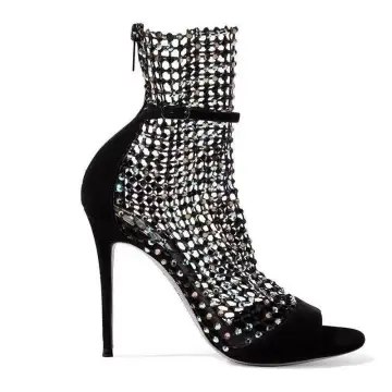 Charming Black Cocktail Party Rhinestone Womens Sandals 2020 Leather 10 Cm Stiletto Heels Open Peep Toe Sandals
