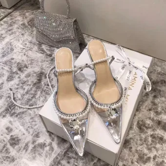 Sexy Argenté Cocktail Faux Diamant Sandales Femme 2020 Cuir Perle Bride Cheville 8 Cm Talons Aiguilles À Bout Pointu Sandales