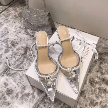 Sexy Argenté Cocktail Faux Diamant Sandales Femme 2020 Cuir Perle Bride Cheville 8 Cm Talons Aiguilles À Bout Pointu Sandales