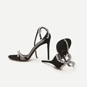 Charmig Svarta Afton Rhinestone Sandaler Dam 2020 Läder Ankelband 10 Cm Stilettklackar Peep Toe Sandaler