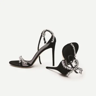 Charmant Noire Soirée Faux Diamant Sandales Femme 2020 Cuir Bride Cheville 10 Cm Talons Aiguilles Peep Toes Bout Ouvert Sandales