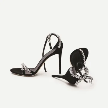Charmant Noire Soirée Faux Diamant Sandales Femme 2020 Cuir Bride Cheville 10 Cm Talons Aiguilles Peep Toes Bout Ouvert Sandales