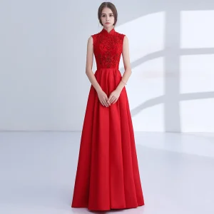 Chinese Style Red Evening Dresses 2018 A Line Princess Appliques Lace Beading Crystal High Neck Backless Sleeveless Floor Length Long Formal Dresses