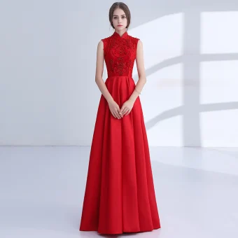 Chinese Style Red Evening Dresses 2018 A Line Princess Appliques Lace Beading Crystal High Neck Backless Sleeveless Floor Length Long Formal Dresses