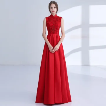 Chinese Style Red Evening Dresses 2018 A Line Princess Appliques Lace Beading Crystal High Neck Backless Sleeveless Floor Length Long Formal Dresses