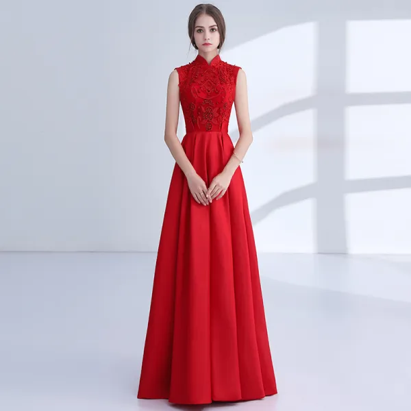 Chinese style Red Evening Dresses  2018 A-Line / Princess Appliques Lace Beading Crystal High Neck Backless Sleeveless Floor-Length / Long Formal Dresses